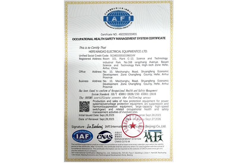 職業健康安全管理體系認證證書（英文版）